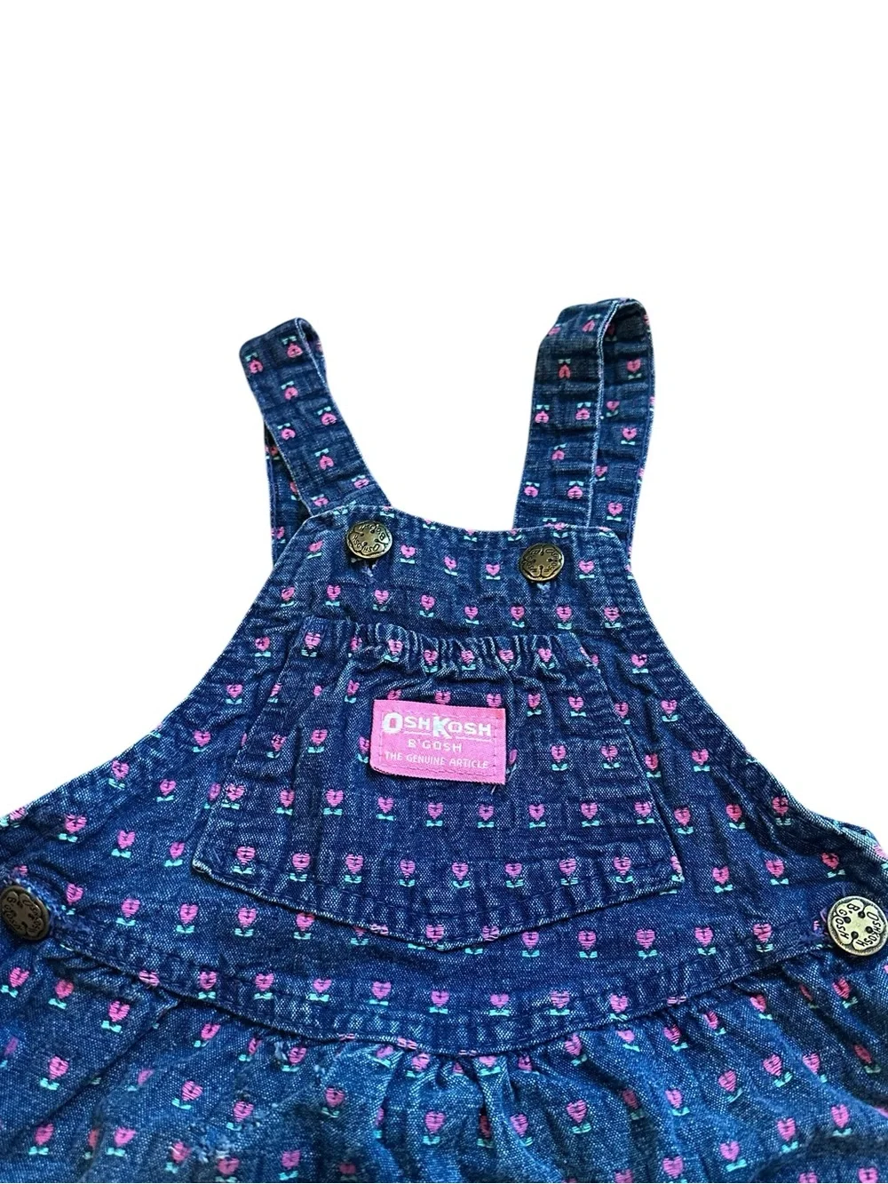 Vintage OshKosh B’Gosh Vestbak Denim Jumper Dress Pink Hearts Floral Union Made